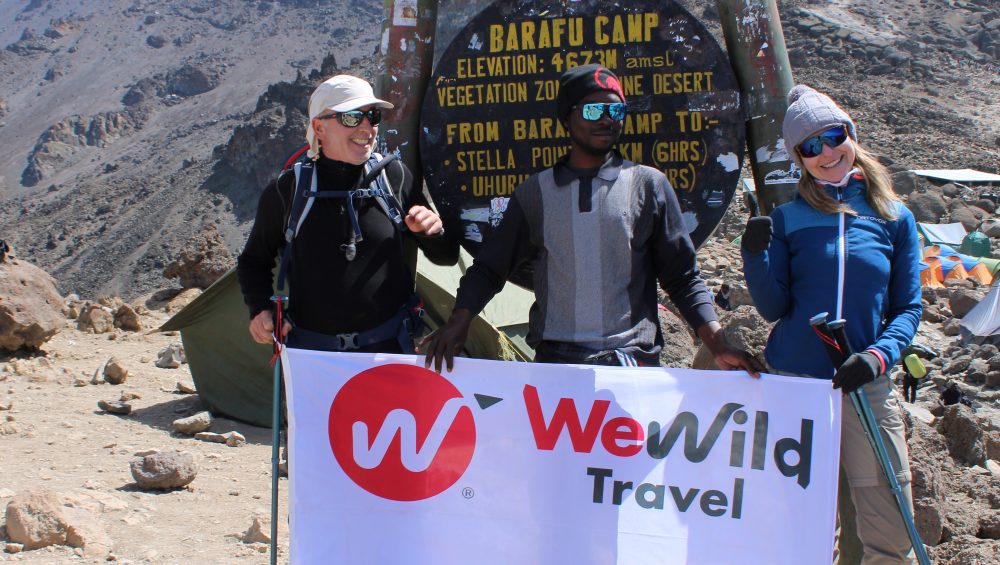 Trekking group hiking the scenic 8-Day Lemosho Route toward Mount Kilimanjaro summit.