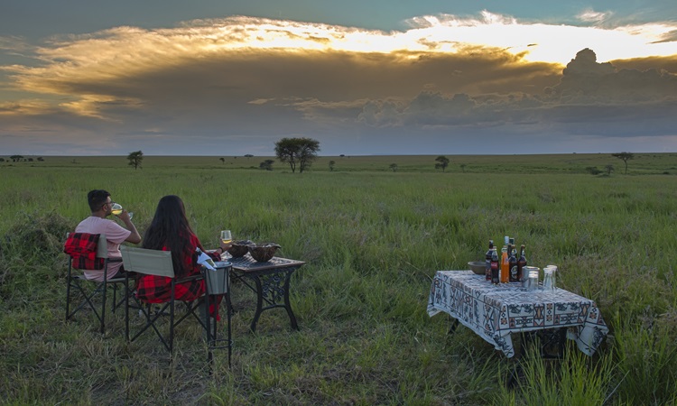 A stunning Serengeti sundowner with a golden sunset, safari chairs, and drinks set against the vast savannah. The Best Season For Serengeti Safari offers unforgettable evening experiences