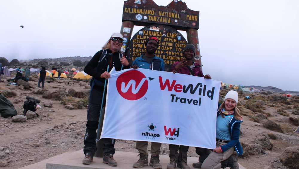 Climbers trekking Mount Kilimanjaro through challenging terrain toward the summit in Tanzania
