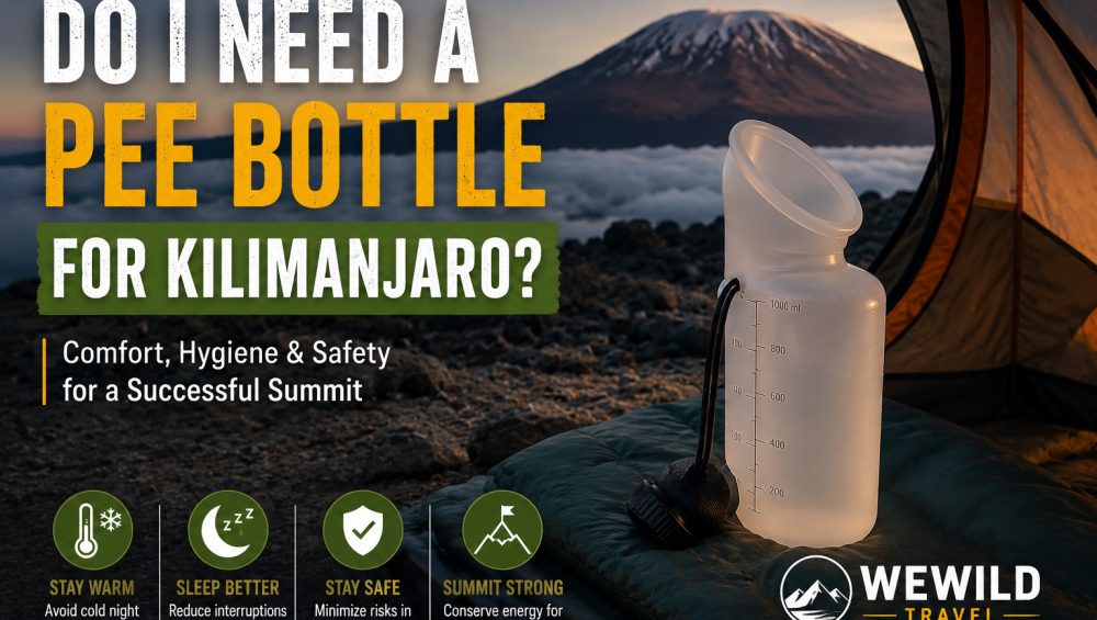 Hiker using pee bottle inside tent at night during Mount Kilimanjaro trekking expedition