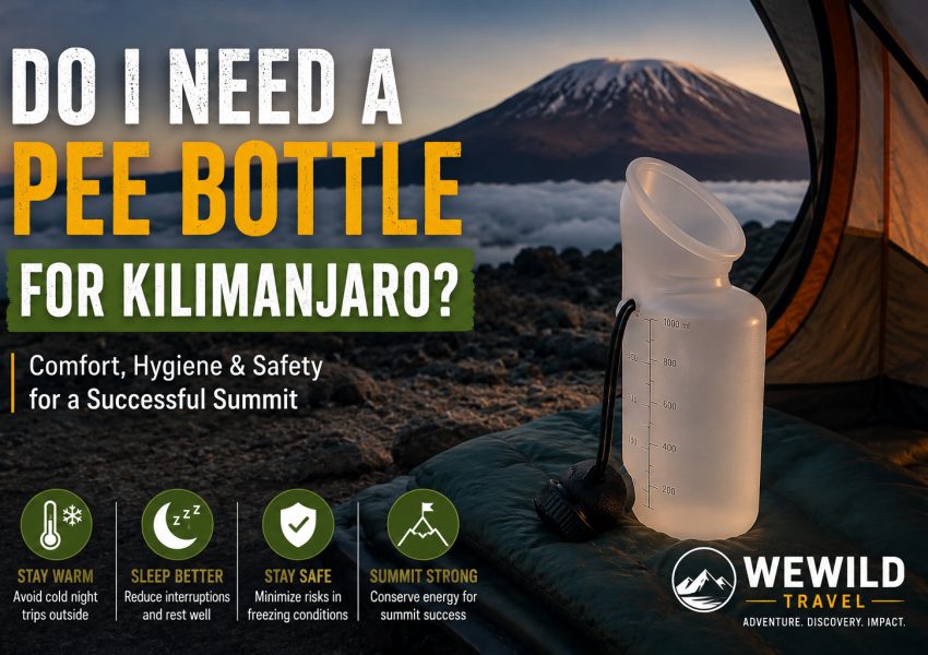 Hiker using pee bottle inside tent at night during Mount Kilimanjaro trekking expedition