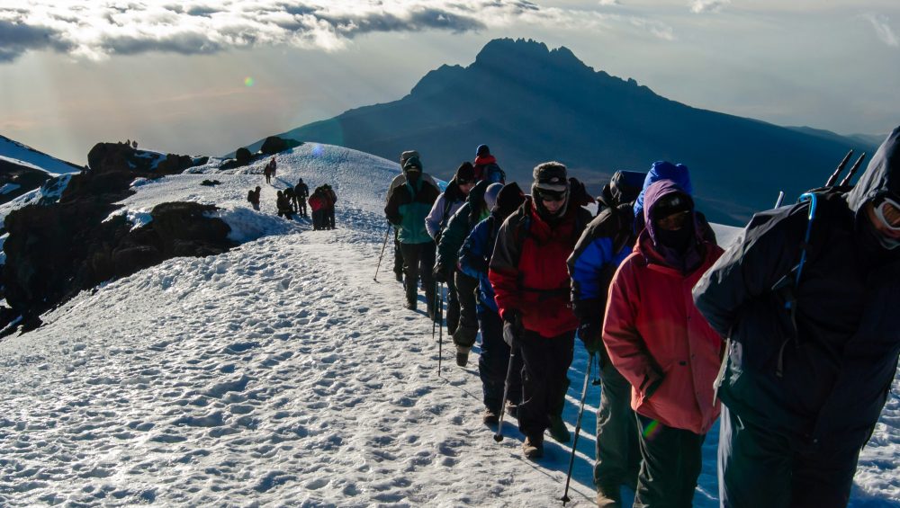 Trekkers climbing Mount Kilimanjaro in Kilimanjaro National Park