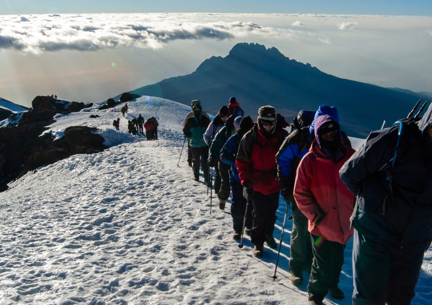 Trekkers climbing Mount Kilimanjaro in Kilimanjaro National Park