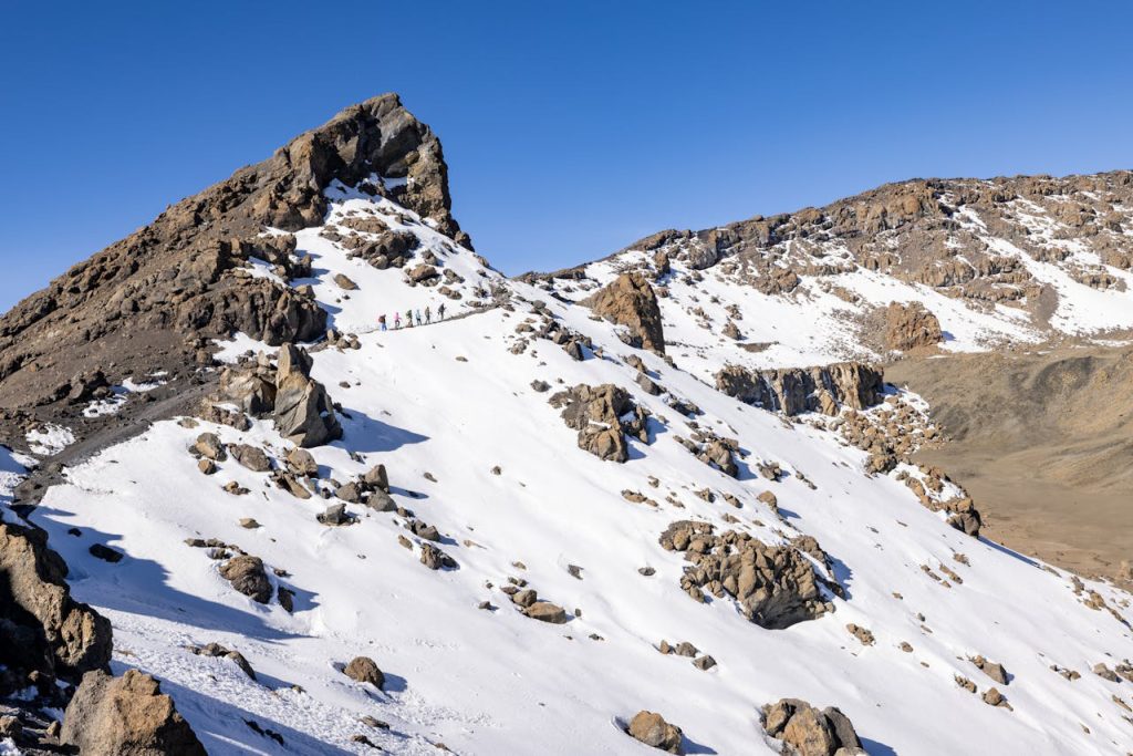 Snow-covered summit of Mount Kilimanjaro rising above clouds under a clear blue sky.