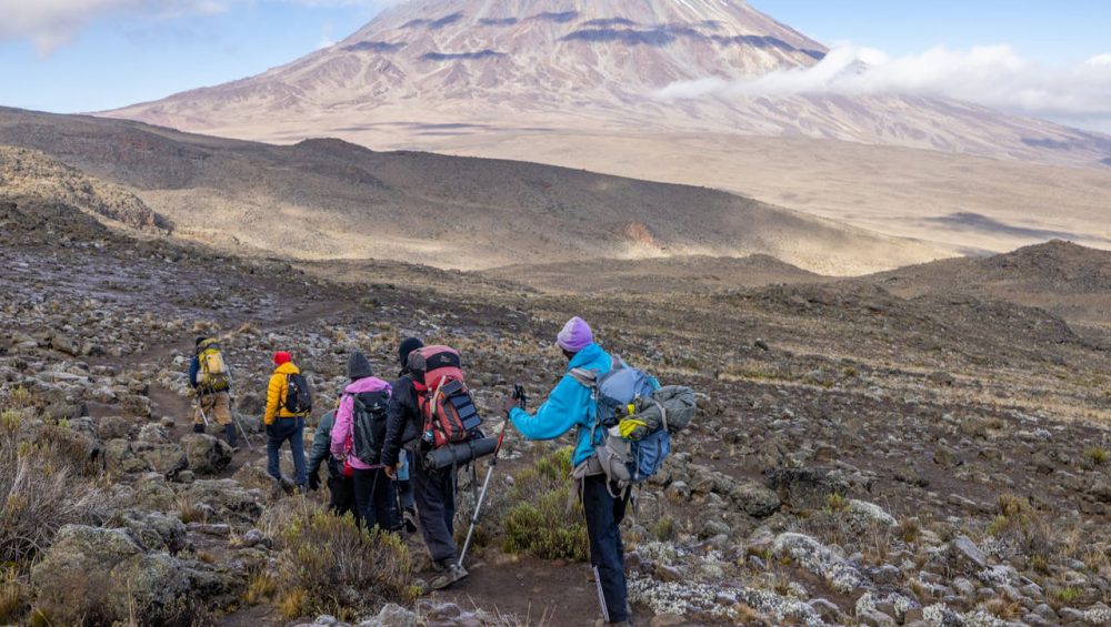 Beginners climbing Mount Kilimanjaro on a hiking trail during summit trek