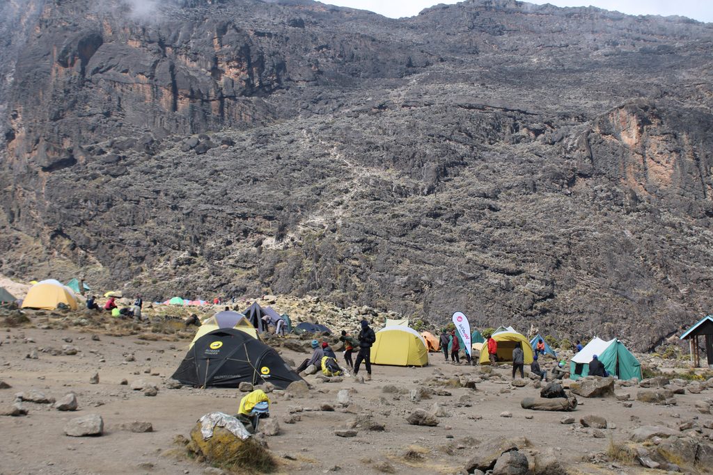 Barranco Camp on Mount Kilimanjaro surrounded by dramatic alpine landscapes along the Lemosho Route.