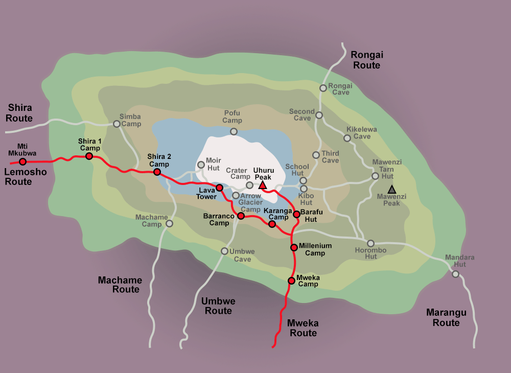 Lemosho Route Kilimanjaro map showing camps, elevation profile, trekking stages, and summit path to Uhuru Peak.