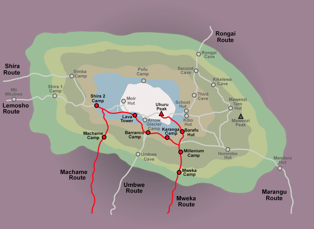 Machame Route Kilimanjaro map showing camps, elevation profile, trekking stages, and summit path to Uhuru Peak.