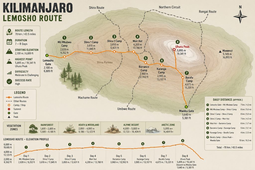 Map of Lemosho Route Kilimanjaro showing trail path from base to summit zones clearly