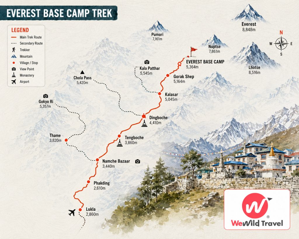 Map showing Everest Base Camp trekking route with villages, trails, and surrounding Himalayan mountain peaks.