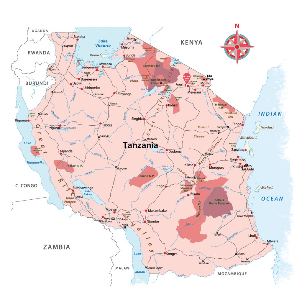 Map of Tanzania highlighting Mount Kilimanjaro's location in northern Tanzania near the Kenya border in East Africa.