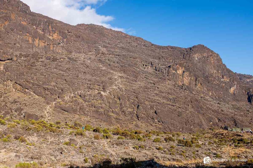Climbers having breakfast at Barranco Camp before ascending the Barranco Wall on Mount Kilimanjaro