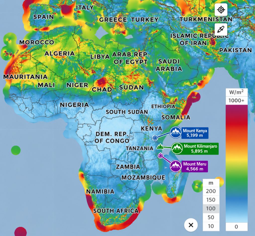 Map of East Africa showing Mount Kilimanjaro, Mount Kenya, and Mount Meru within Tanzania and Kenya.
