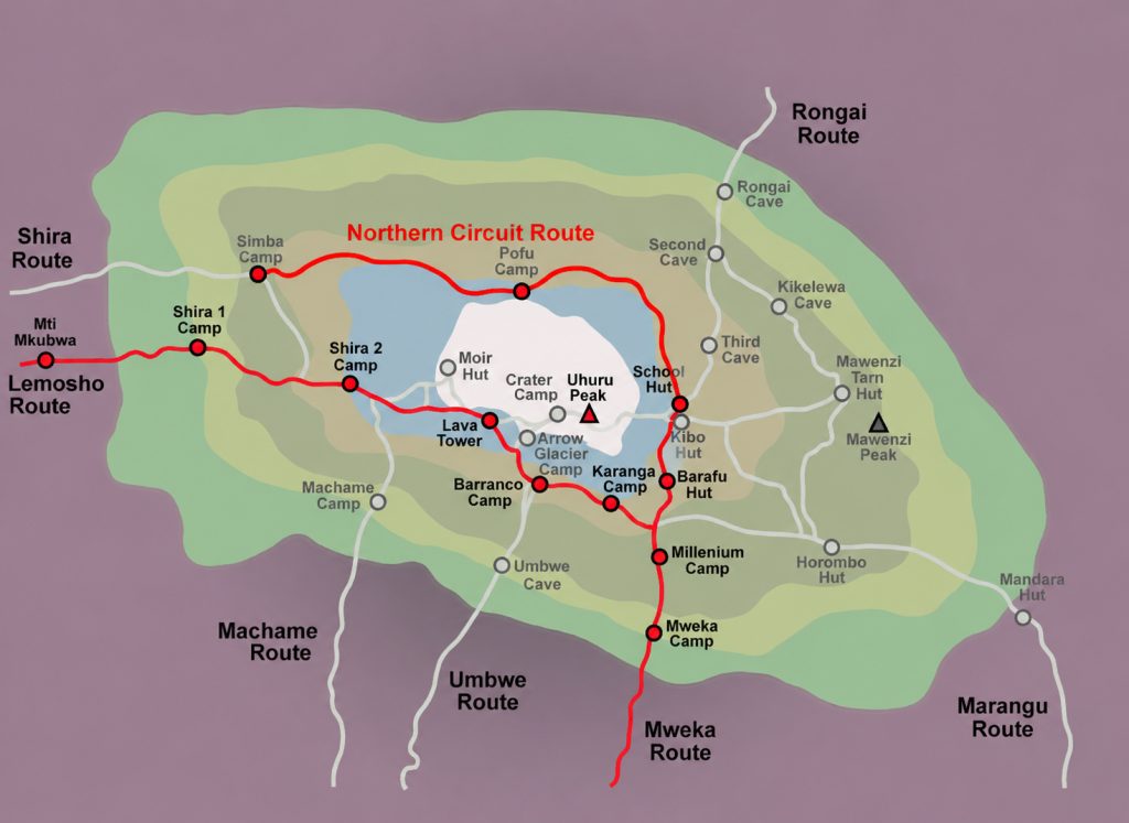 Northern Circuit Route Kilimanjaro map showing the complete trekking trail, camps, summit path, and surrounding routes.