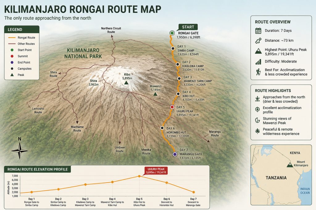 Rongai Route Kilimanjaro map showing camps, elevations, trail profile, and summit path to Uhuru Peak.