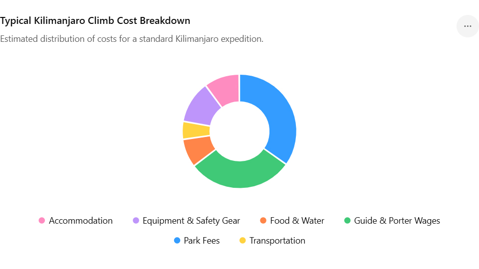 Pie chart showing typical Kilimanjaro climb cost breakdown including park fees, crew wages, gear, accommodation.