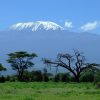 Climbers hiking on Mount Kilimanjaro with stunning mountain scenery, alpine landscape, and clear skies in Tanzania.