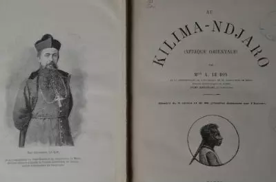 Historic illustration and title page of early Kilimanjaro exploration book featuring portrait and mountain expedition records.