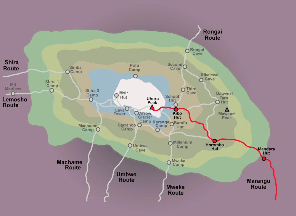 Marangu Route Kilimanjaro map showing huts, elevation profile, trekking stages, and summit path to Uhuru Peak.