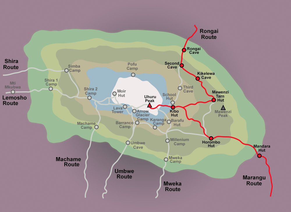 Rongai Route Kilimanjaro map showing camps, elevation profile, trekking stages, and summit path to Uhuru Peak.