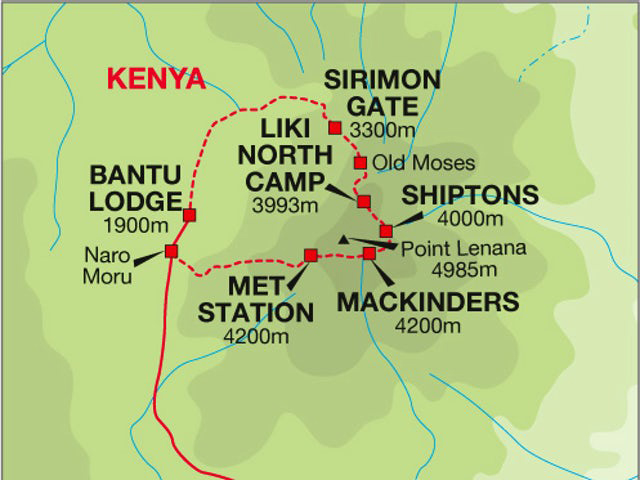 Map showing mountain huts on Mount Kenya, including major trekking routes and overnight camps.