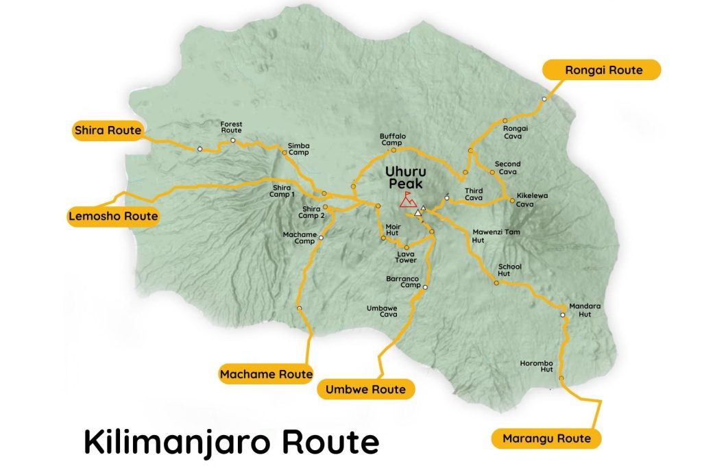 Map showing all Kilimanjaro climbing routes in Tanzania, including Machame, Lemosho, Marangu, and other trekking paths.