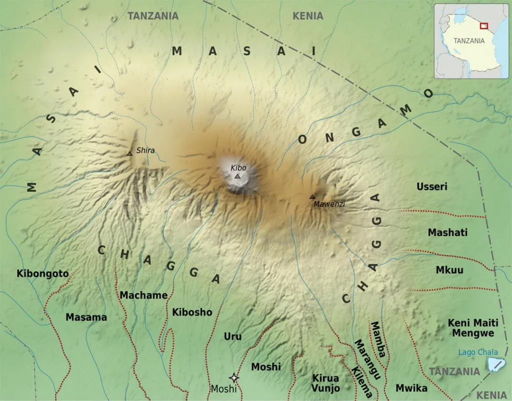 Map showing Chagga people living on the slopes of Mount Kilimanjaro in Tanzania
