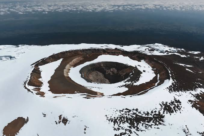 Reusch Crater inside Kibo summit on Mount Kilimanjaro showing volcanic inner crater landscape