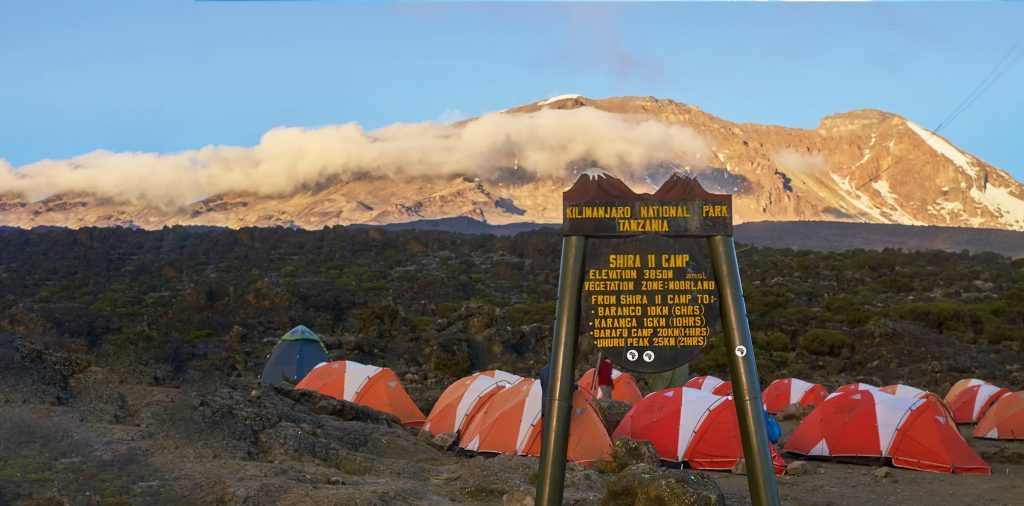 Shira II Camp campsite on Mount Kilimanjaro along the Lemosho Route with tents and high-altitude mountain scenery.