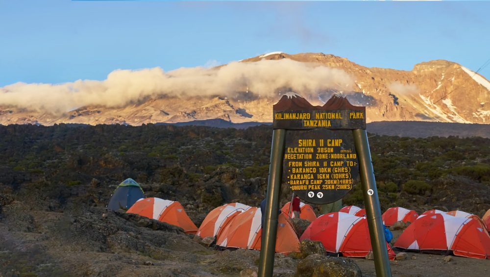 Shira Camp on Mount Kilimanjaro with open moorland and mountain views