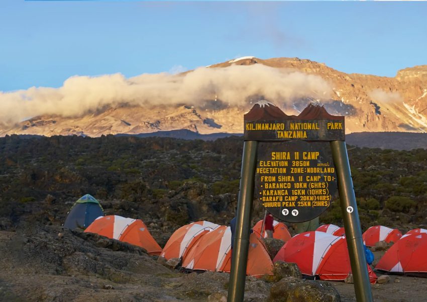 Shira Camp on Mount Kilimanjaro with open moorland and mountain views