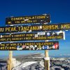 Uhuru Peak summit sign on Mount Kilimanjaro showing Africa’s highest point above the clouds.