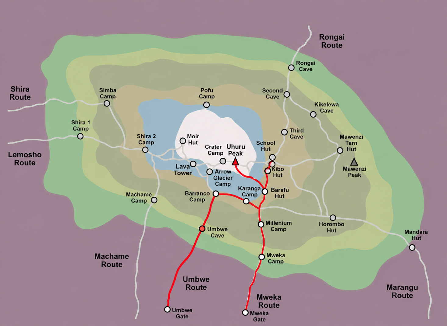 Map showing the Umbwe Route climbing path on Mount Kilimanjaro