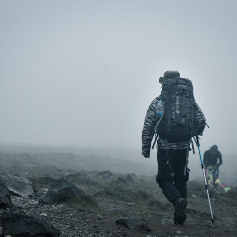 Budget climbers trekking Mount Kilimanjaro with local guides during an affordable and well-organized mountain expedition.