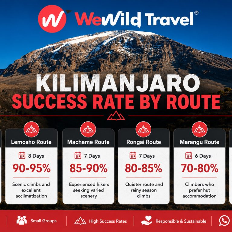 Infographic showing Kilimanjaro route success rates from Umbwe to Northern Circuit with summit percentages.
