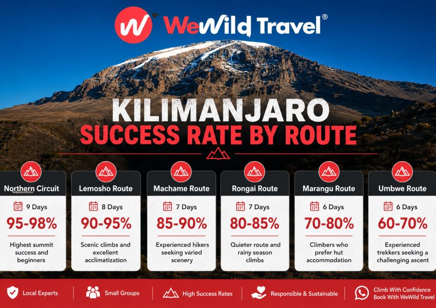 Infographic showing Kilimanjaro route success rates from Umbwe to Northern Circuit with summit percentages.