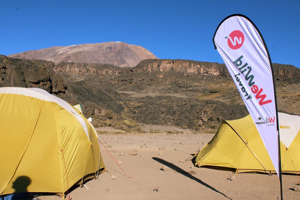 Camping tents on Mount Kilimanjaro during a multi-day trekking adventure in Tanzania.